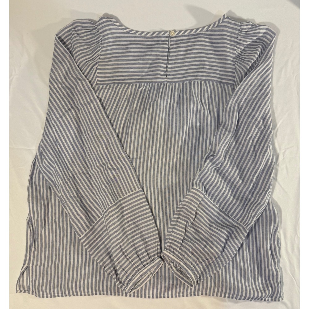LOFT Blue White Striped Long Sleeve Blouse Round Neck Keyhole Back Top L